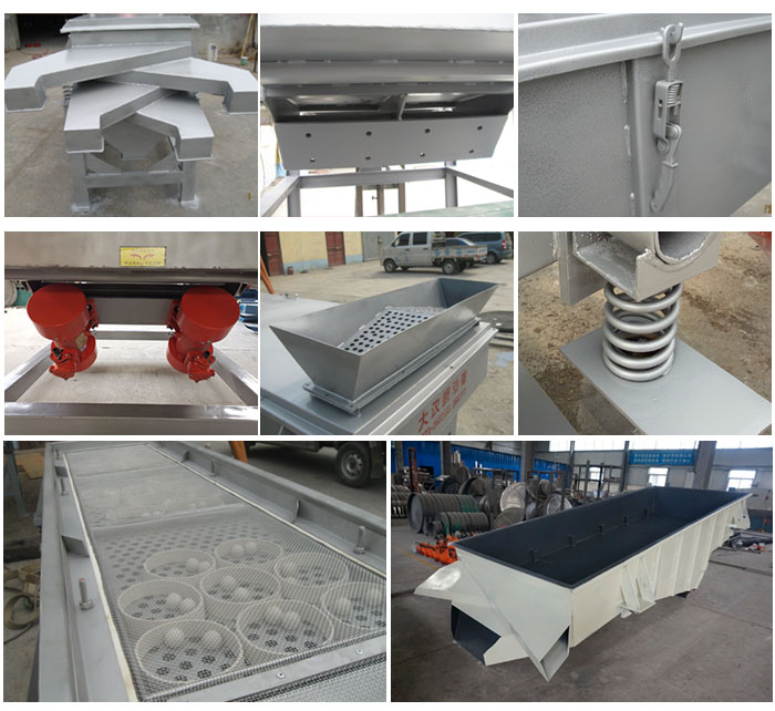 多層直線振動篩由進(jìn)料口,底座,振動電機(jī),篩網(wǎng),篩框,彈簧,出料口等組成。