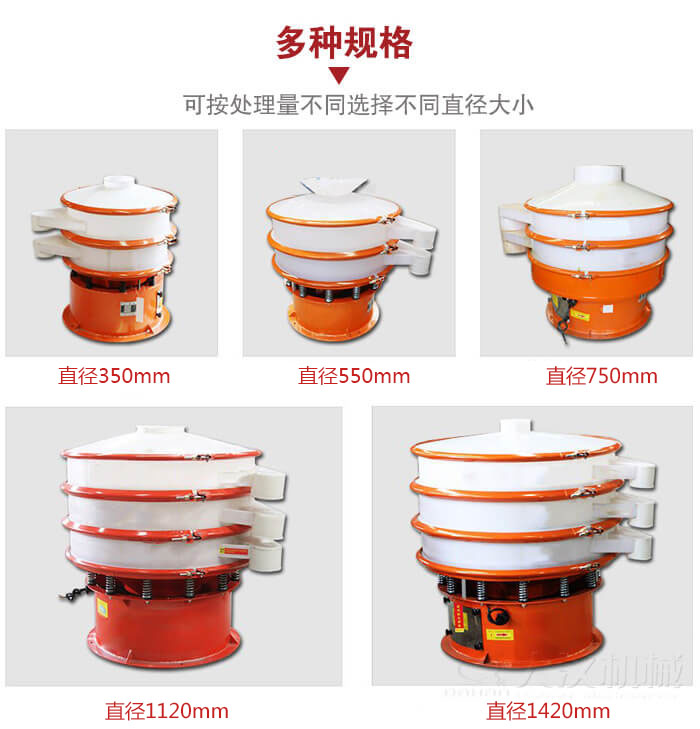 塑料振動篩不同篩分直徑進(jìn)行展示：350，550，750，1120，1420等。