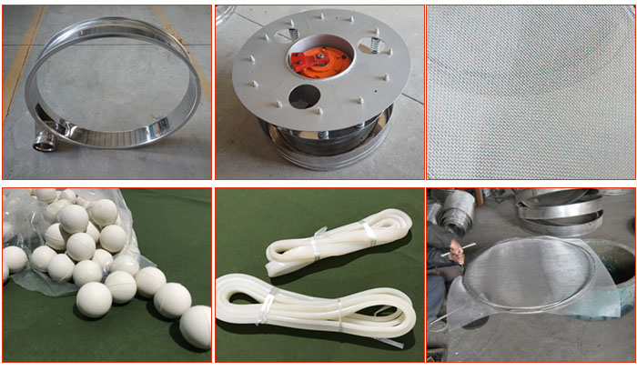 800型全不銹鋼振動(dòng)篩配件有：振動(dòng)篩篩框，電機(jī)，不銹鋼篩網(wǎng)等。