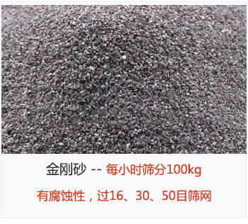 篩分金剛砂每小時100kg，有腐蝕性，過16、30、50目篩網(wǎng)