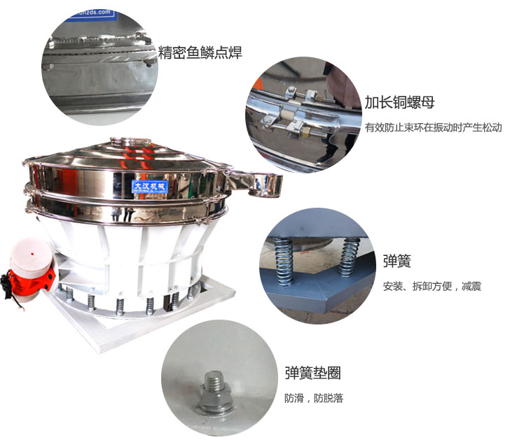 1500直排篩細節(jié)展示：彈簧，彈簧墊圈，加長銅螺母。