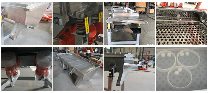 不銹鋼直線篩不同定制出料口，電機(jī)，篩網(wǎng)，篩箱，彈跳球等部件細(xì)節(jié)展示