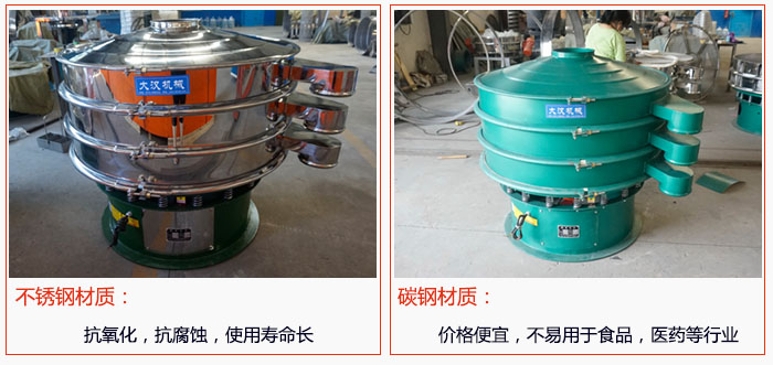 800型振動(dòng)篩有不銹鋼和碳鋼兩種材質(zhì)，不銹鋼材質(zhì)：抗氧化，抗腐蝕，使用壽命長(zhǎng) 碳鋼材質(zhì)：價(jià)格便宜，不易篩分食品，化工，醫(yī)藥等行業(yè)的物料。