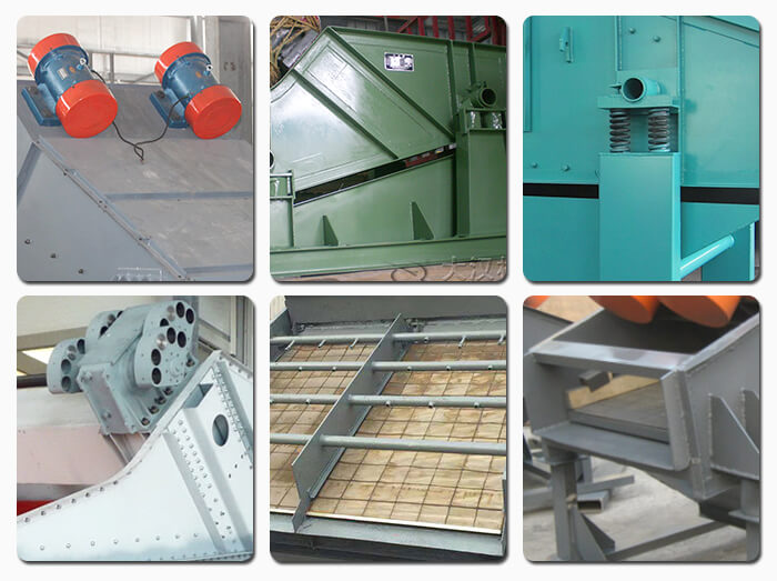 礦用振動篩主要由激振器、篩體、篩網(wǎng)、減振裝置及座架等組成。篩箱由篩框、篩板、襯板等組成