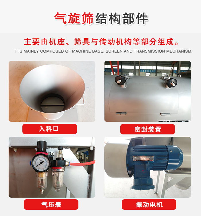 氣旋篩結(jié)構(gòu)：入料口，密封裝置，電機(jī)，氣壓表等