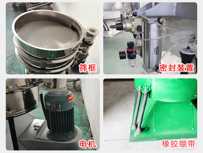搖擺篩結(jié)構(gòu)：電機，橡膠繃帶，篩框，密封裝置等。