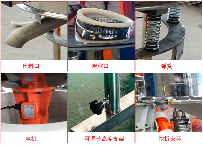 高頻篩細(xì)節(jié)展示：出料口，觀察口，彈簧，電機(jī)，可調(diào)節(jié)高度支架，快拆束環(huán)。
